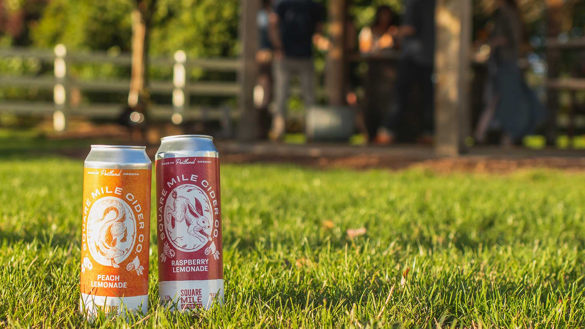 Two cans of Square Mile Cider standing in green grass, with a group of friends around an outdoor table in the blurred background